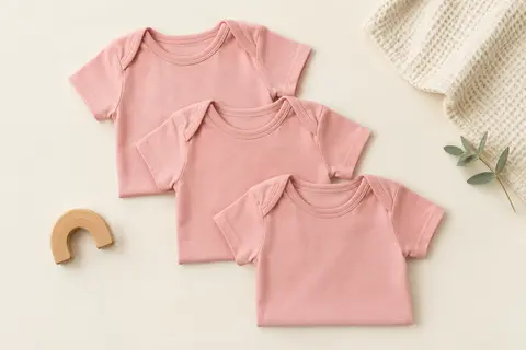 Trois tee-shirts bébé en coton rose, à manches courtes et encolure bateau, soigneusement pliés