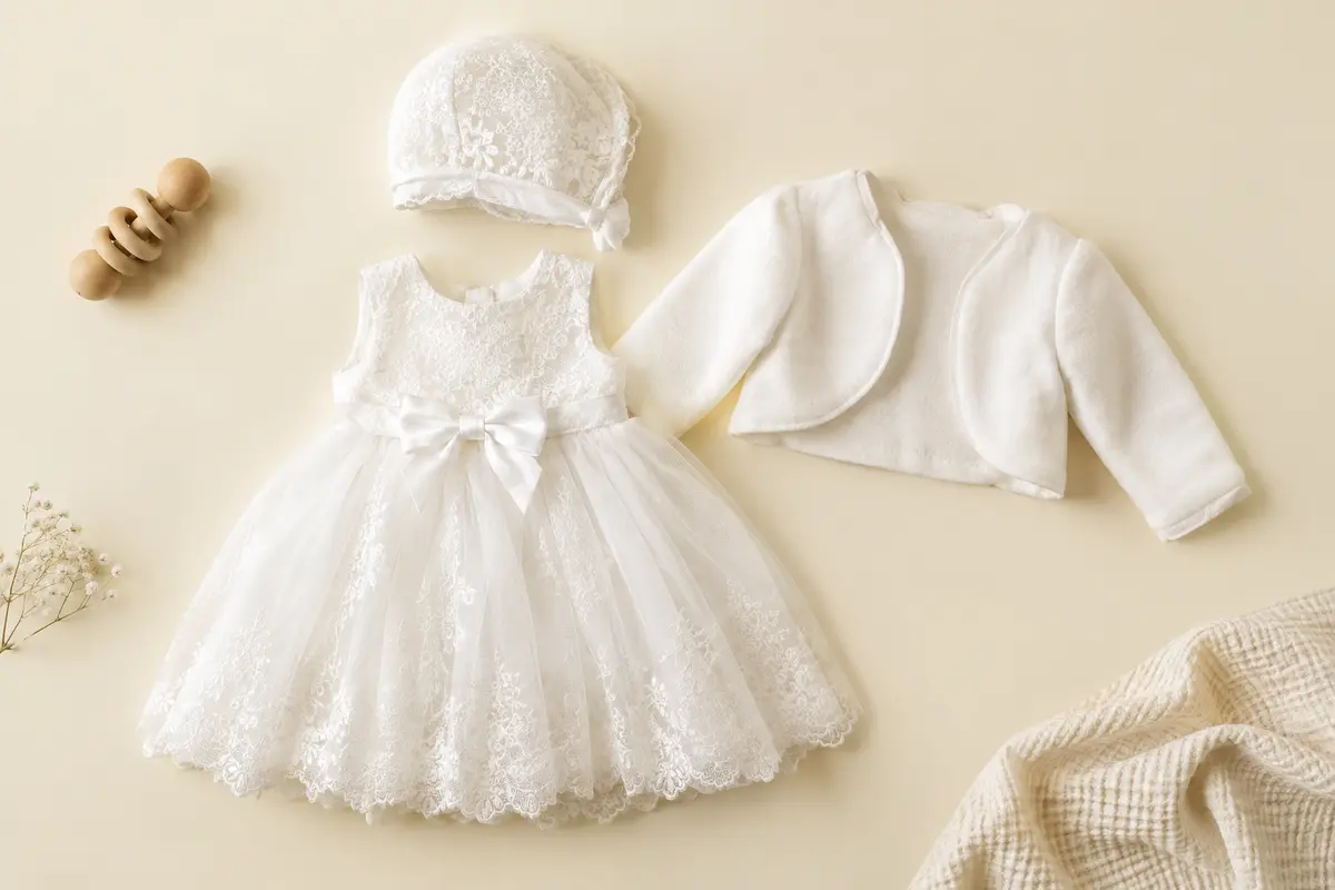 Ensemble blanc de cérémonie pour bébé avec robe en dentelle et tulle, boléro à manches longues et bonnet assorti.