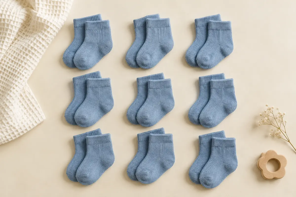 Neuf paires de chaussettes bébé bleues unies en maille tricotée, présentées sur un fond crème doux.