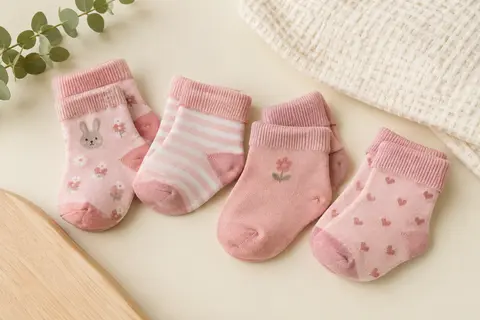 Lot de chaussettes roses pour bébé à motifs illustrés, pliées sur un fond crème avec du coton gaufré