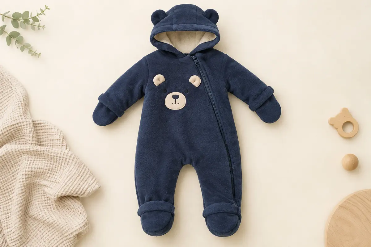 Surpyjama bébé en polaire bleu foncé avec capuche et extrémités rabattables, présenté à plat sur fond crème.