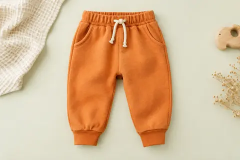 Pantalon bébé orange à taille élastiquée, poches et poignets côtelés, présenté à plat sur fond clair.