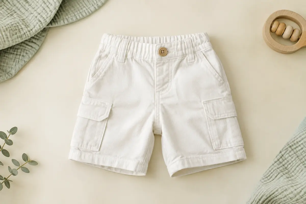 Short cargo blanc uni en coton présenté à plat sur un fond crème avec une touche de coton gaufré.