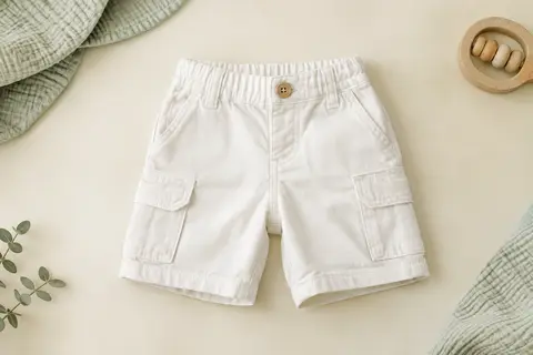Short cargo blanc uni en coton présenté à plat sur un fond crème avec une touche de coton gaufré.