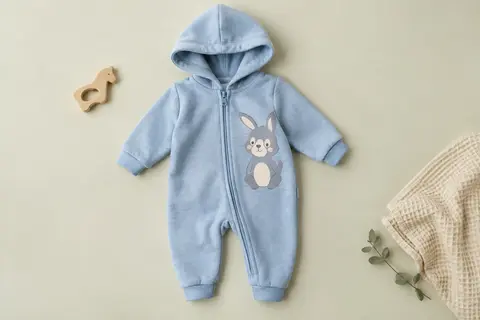 Combinaison bébé bleue en coton à capuche, manches longues, fermeture zippée et motif animal