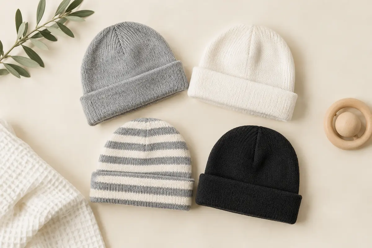 Quatre bonnets bébé en maille, dont un modèle rayé et trois modèles unis avec bord repliable.
