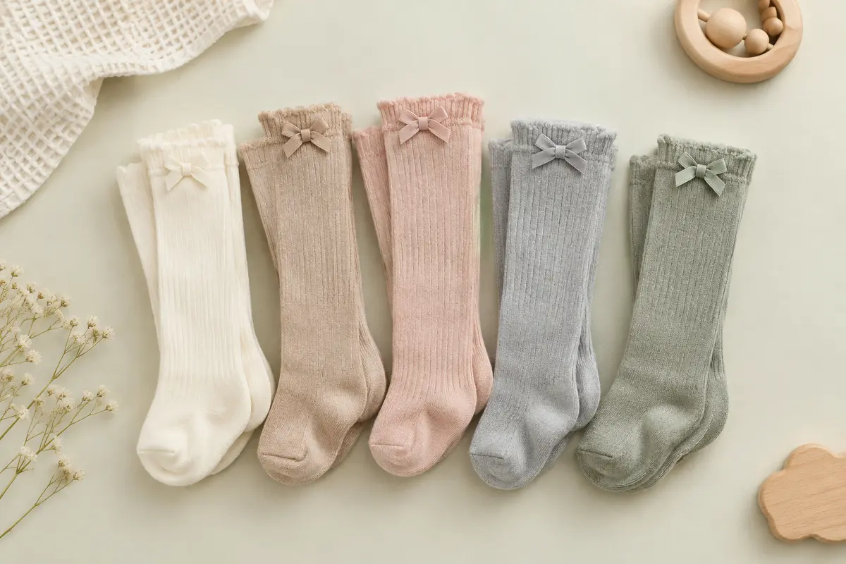 Cinq paires de chaussettes hautes pour bébé avec un nœud décoratif, pliées sur un fond clair.