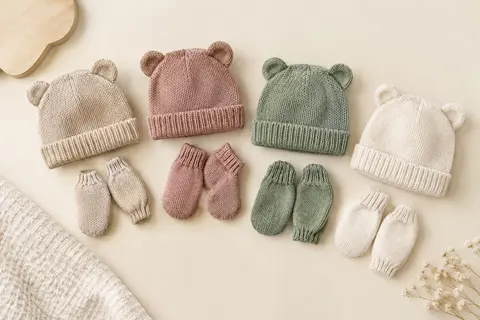 Bonnets bébé tricotés à oreilles d’ours et moufles assorties disposés sur un fond crème