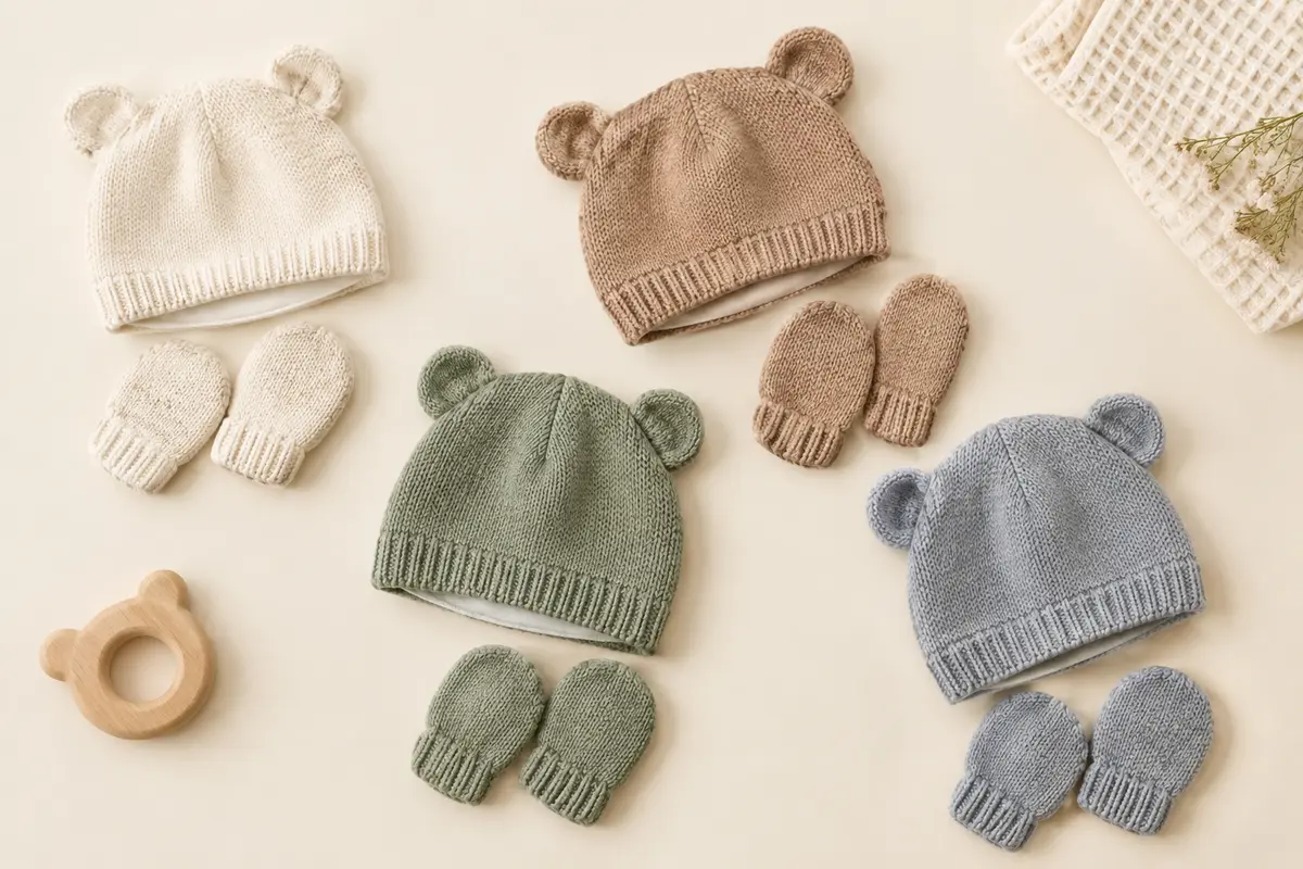 Quatre bonnets bébé à oreilles d’ours et quatre paires de moufles assorties disposés à plat