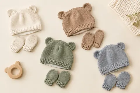 Quatre bonnets bébé à oreilles d’ours et quatre paires de moufles assorties disposés à plat