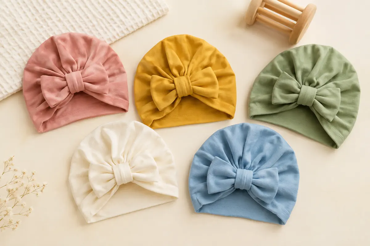 Lot de cinq bonnets turban pour bébé, pliés à plat avec leurs nœuds décoratifs sur un fond clair.