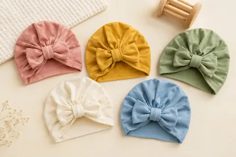 Lot de cinq bonnets turban pour bébé, pliés à plat avec leurs nœuds décoratifs sur un fond clair.