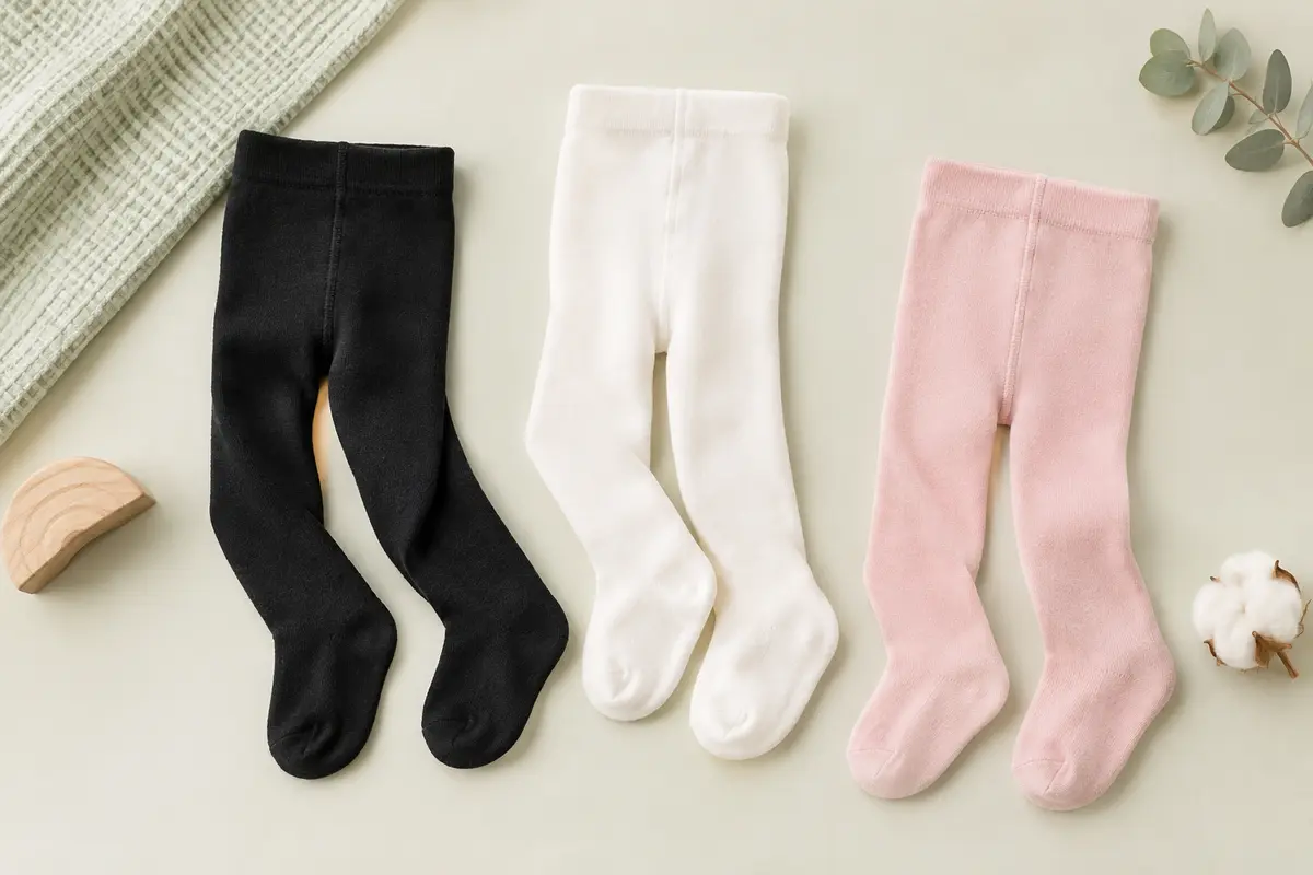 Trois paires de collants opaques pour bébé, en noir, blanc et rose, disposées à plat sur un fond clair.