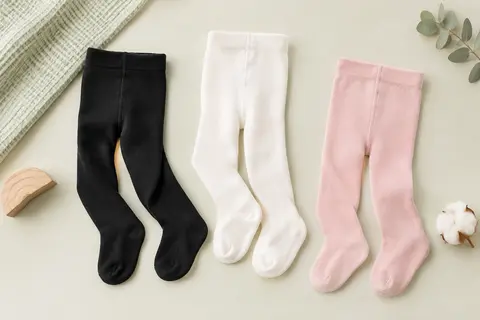Trois paires de collants opaques pour bébé, en noir, blanc et rose, disposées à plat sur un fond clair.