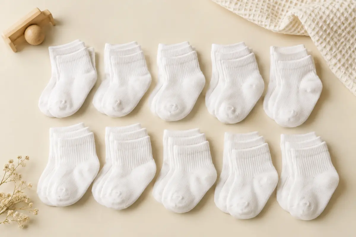 Lot de chaussettes bébé blanches mi-hautes pliées, avec leur maille souple et leur tige élastique