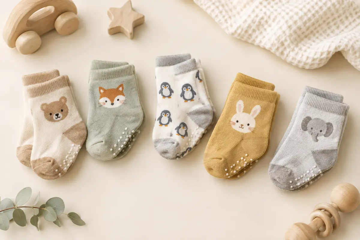 Cinq paires de chaussettes bébé à motifs animaux, dont des pingouins, pliées sur un fond crème