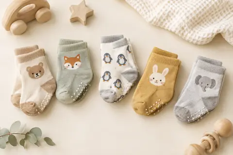 Cinq paires de chaussettes bébé à motifs animaux, dont des pingouins, pliées sur un fond crème