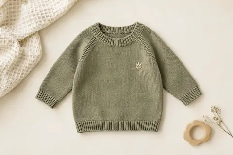 Pull bébé en coton kaki clair, à coupe ajustée et broderie personnalisée sur la poitrine