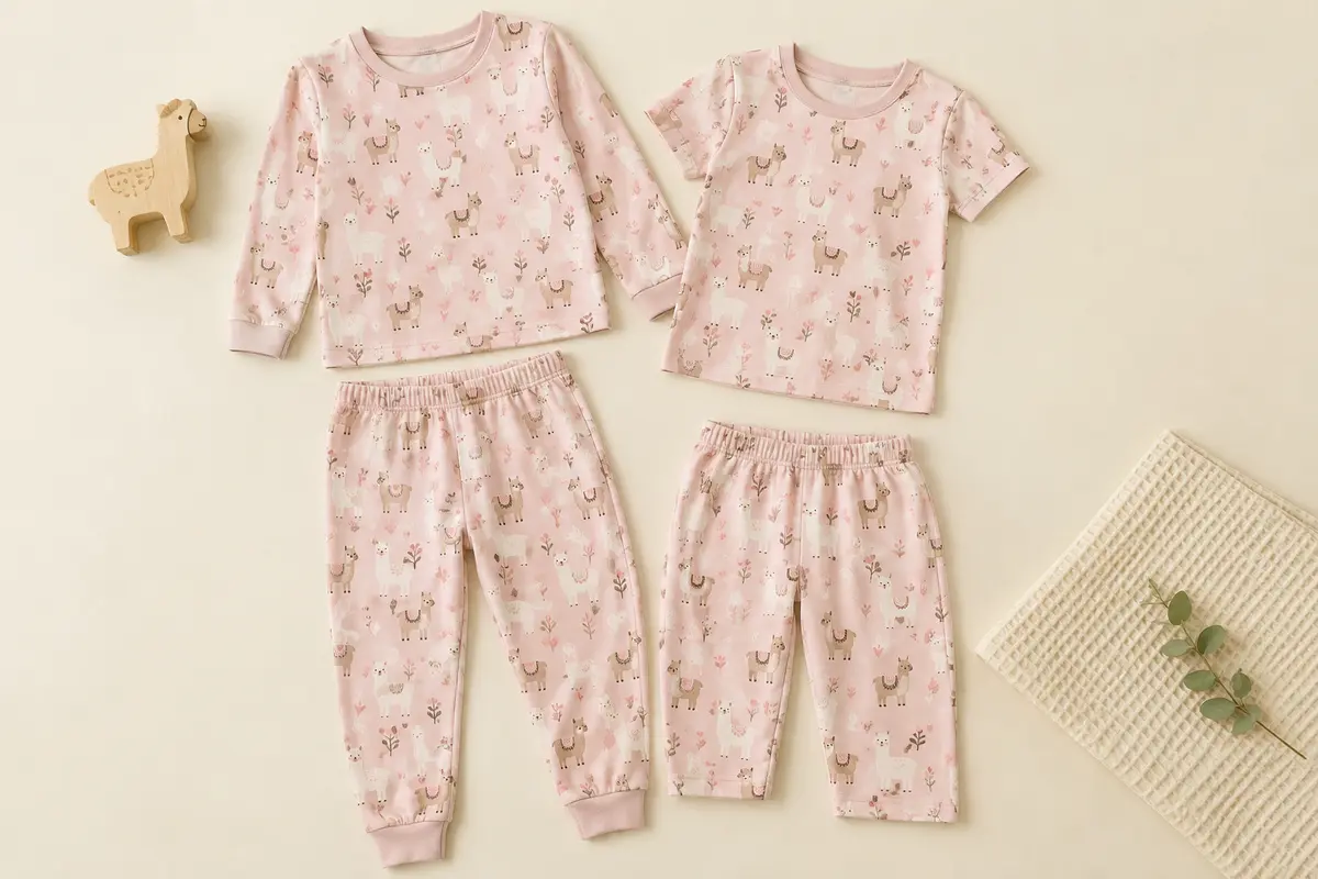 Ensemble de pyjama Gerber en coton avec deux hauts et deux pantalons à motif de petits lamas rose.