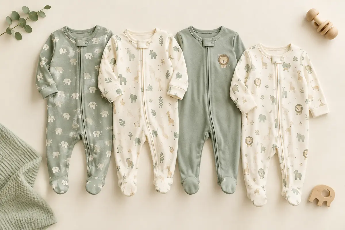 Lot de quatre grenouillères pour bébé en jersey de coton, à motifs animaliers verts, avec pieds et fermeture éclair