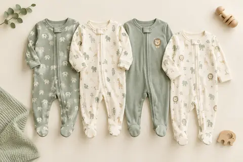 Lot de quatre grenouillères pour bébé en jersey de coton, à motifs animaliers verts, avec pieds et fermeture éclair