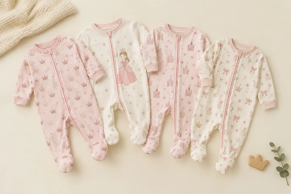Quatre grenouillères Gerber en coton à pieds, avec zip avant et motifs princesse roses
