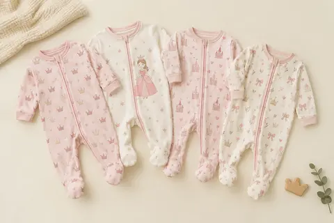 Quatre grenouillères Gerber en coton à pieds, avec zip avant et motifs princesse roses
