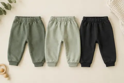 Trois pantalons de jogging bébé unis, verts et noirs, présentés à plat sur un fond crème.
