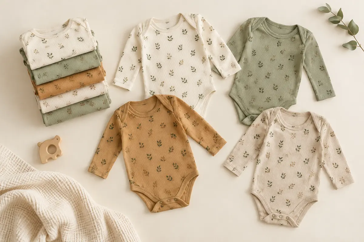Six bodies Gerber à manches longues en coton côtelé avec motif de feuilles, présentés à plat sur fond crème.