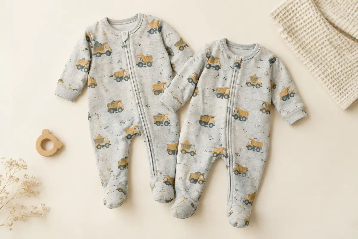 Deux grenouillères Gerber grises à pieds, avec motifs de camions et fermetures éclair sur le devant.