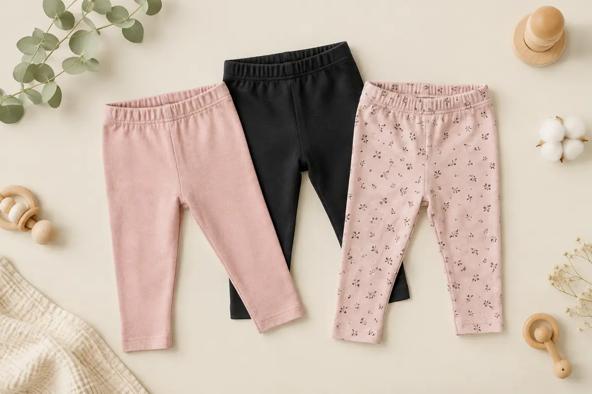 Trois leggings pour bébé en coton extensible, présentés à plat dans les tons rose et noir sur un fond crème.