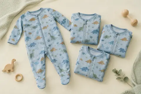 Lot de grenouillères en coton bleu à motifs de dinosaures, pliées sur un fond clair