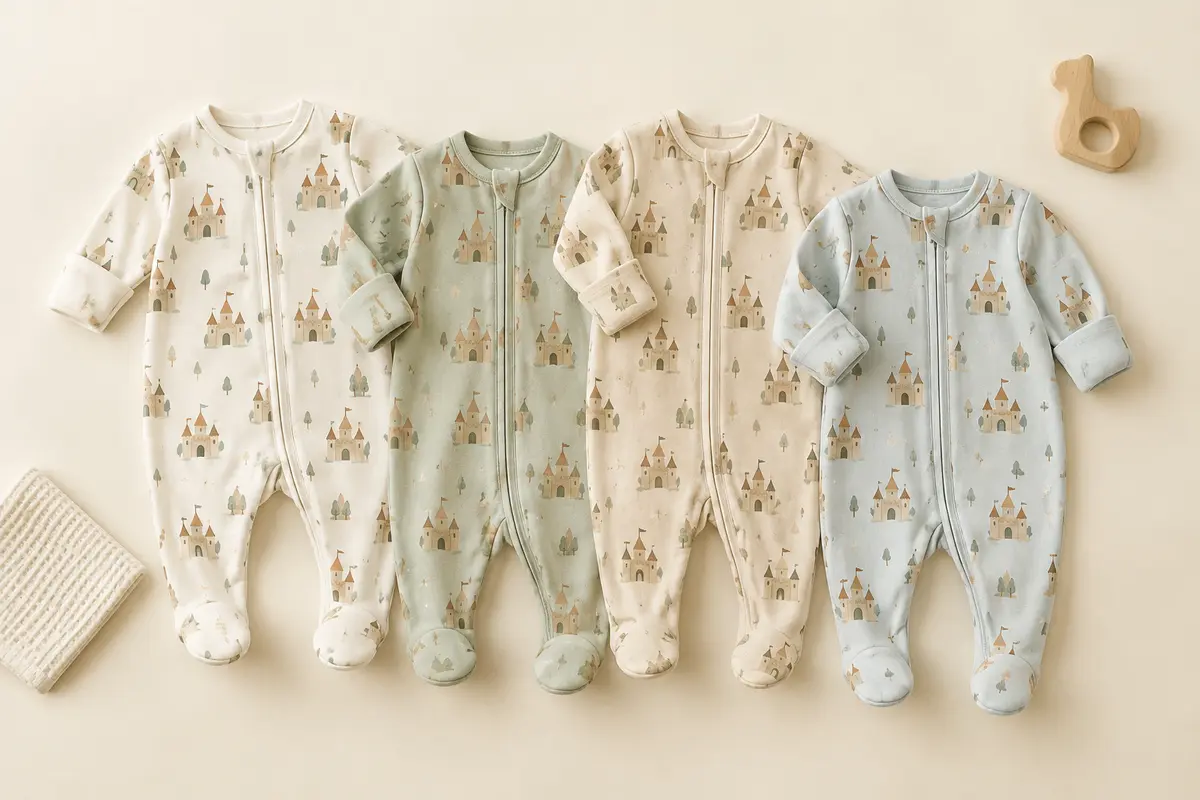 Quatre grenouillères bébé en coton à motif château, avec pieds intégrés et fermeture éclair devant