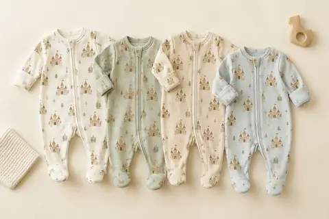 Quatre grenouillères bébé en coton à motif château, avec pieds intégrés et fermeture éclair devant