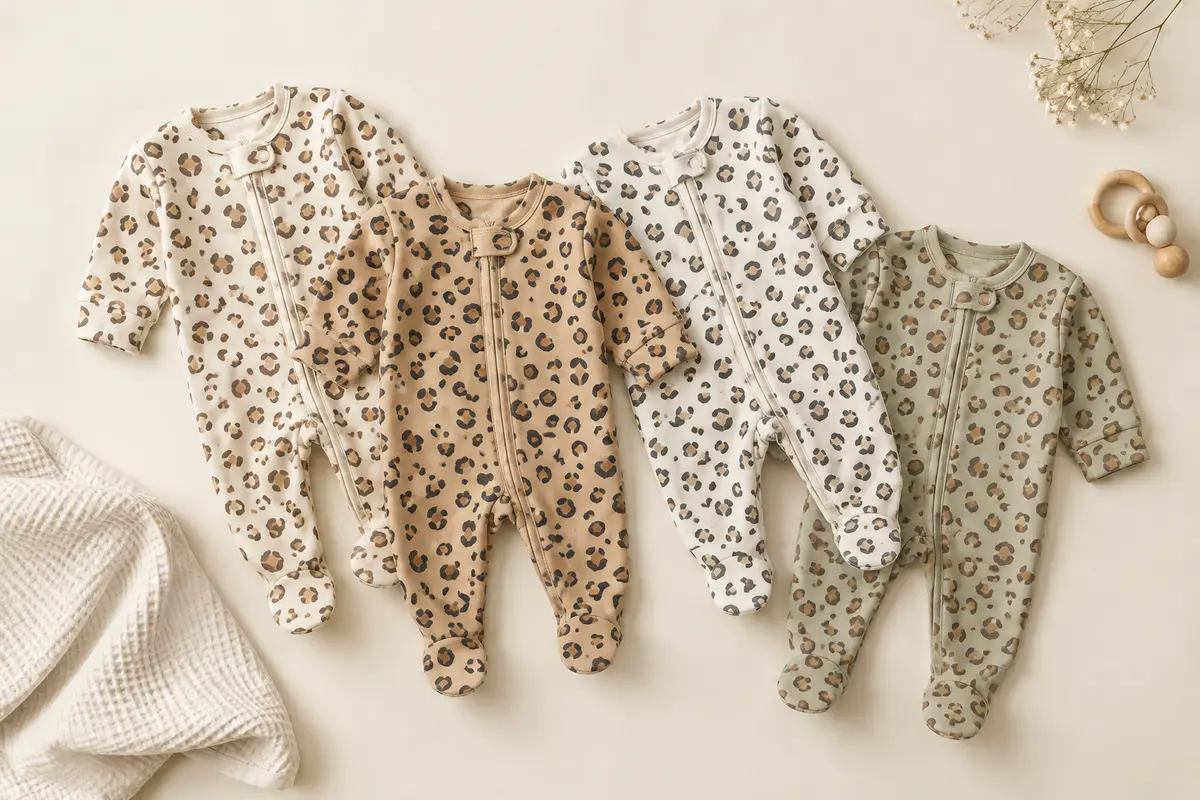 Quatre grenouillères Gerber Sleep ’N Play pliées, avec fermeture éclair frontale et imprimés de la variante Léopard.