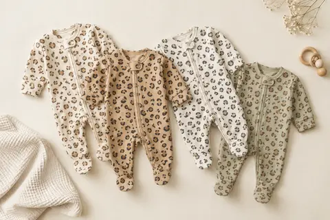 Quatre grenouillères Gerber Sleep ’N Play pliées, avec fermeture éclair frontale et imprimés de la variante Léopard.