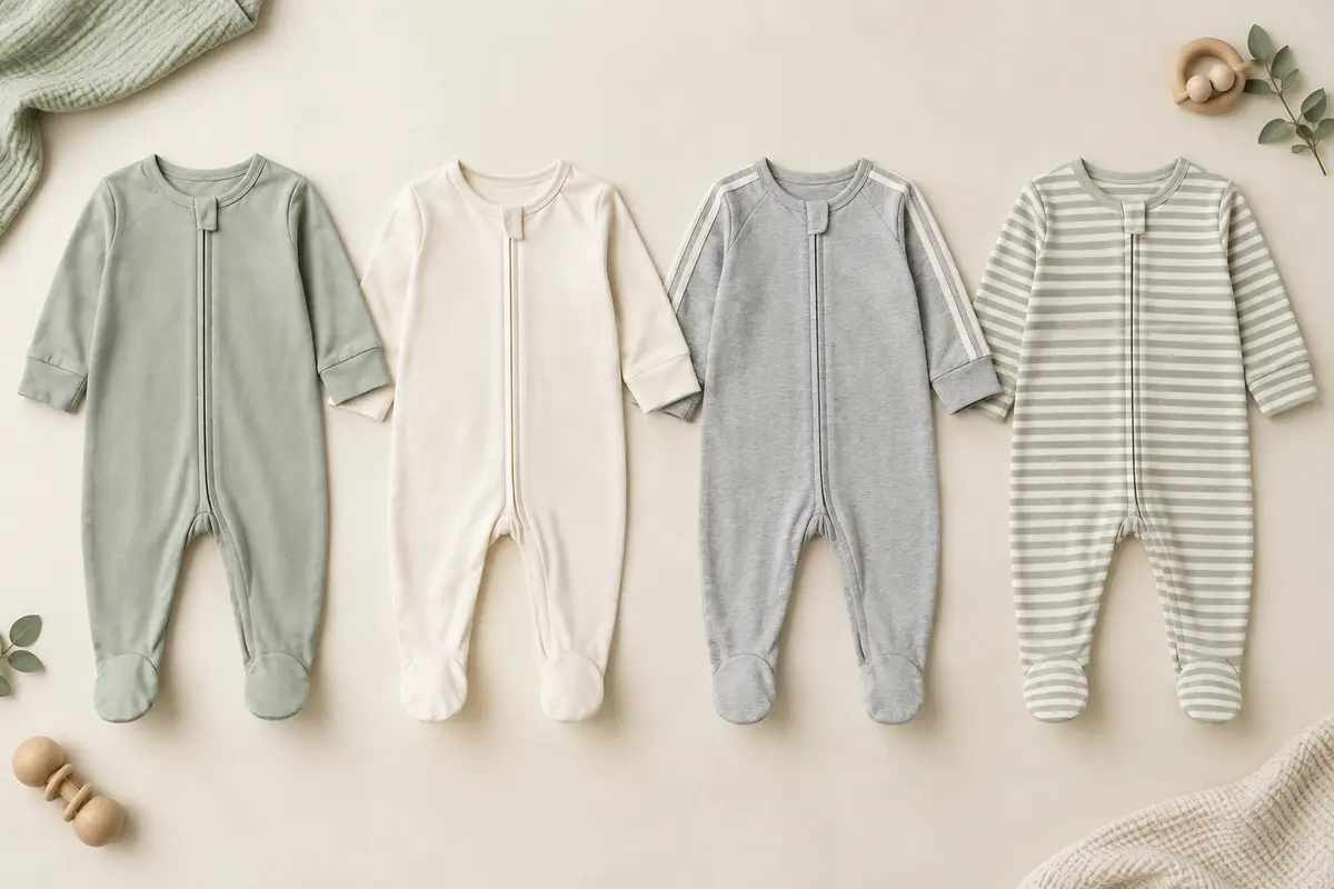 Quatre grenouillères bébé en coton jersey, avec manches longues, pieds intégrés et fermeture éclair frontale.