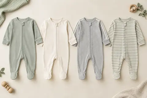 Quatre grenouillères bébé en coton jersey, avec manches longues, pieds intégrés et fermeture éclair frontale.