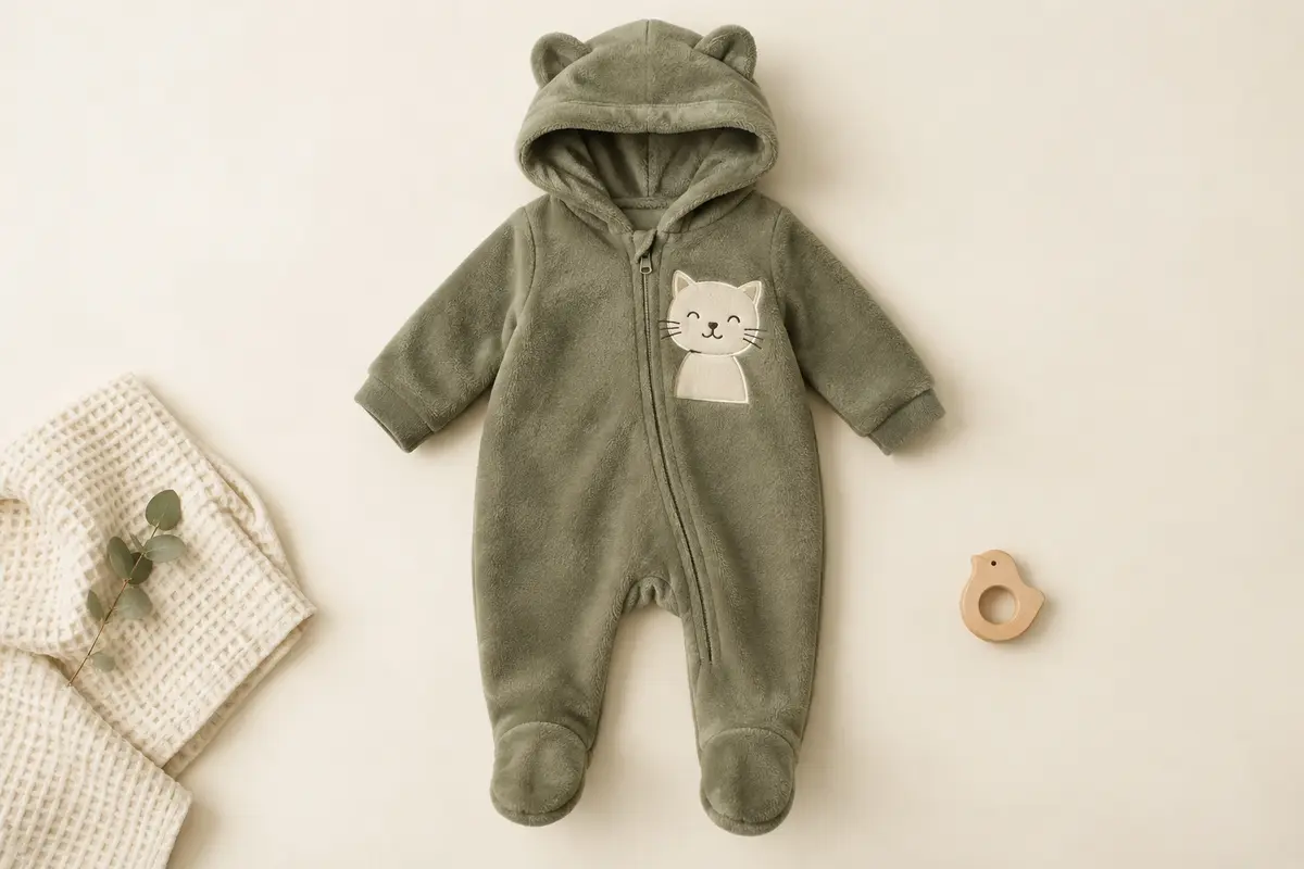Combinaison-pyjama bébé kaki à pieds intégrés, avec capuche à oreilles et motif de chat, posée à plat