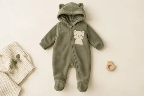 Combinaison-pyjama bébé kaki à pieds intégrés, avec capuche à oreilles et motif de chat, posée à plat