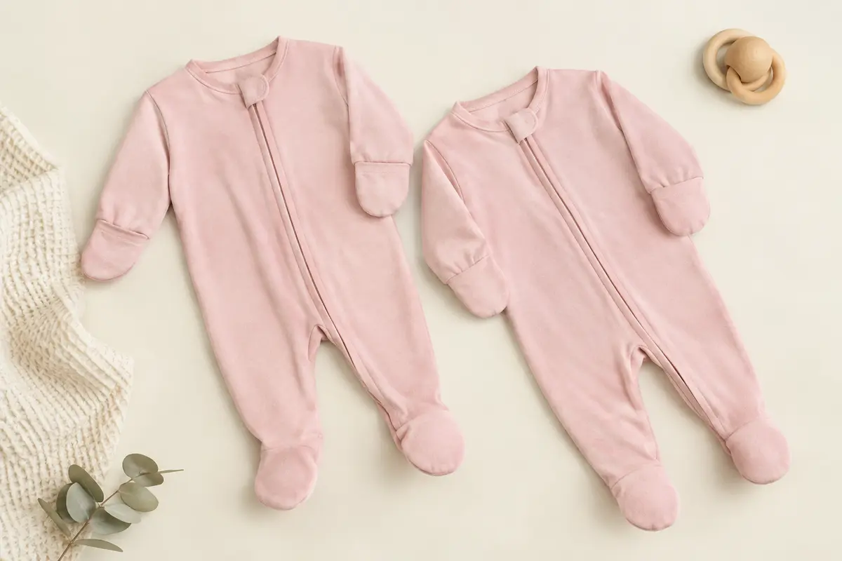 Deux pyjamas bébé roses à pieds, posés à plat avec zip intégral et moufles rabattables visibles.