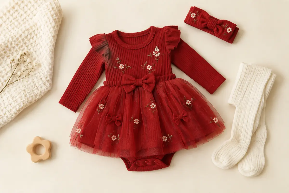 Robe-body rouge à jupe en tulle, bandeau assorti et collants présentés à plat