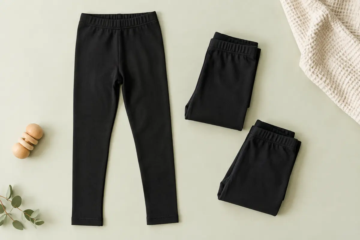 Trois leggings noirs pour enfant en coton extensible, présentés pliés et à plat sur un fond clair.