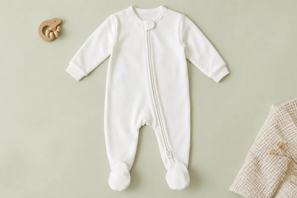 Grenouillère bébé blanche en coton, à manches longues, pieds intégrés et fermeture à double sens