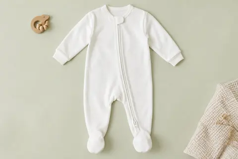 Grenouillère bébé blanche en coton, à manches longues, pieds intégrés et fermeture à double sens