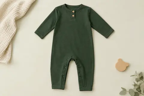 Grenouillère bébé vert foncé à manches longues, présentée à plat sur un fond crème doux