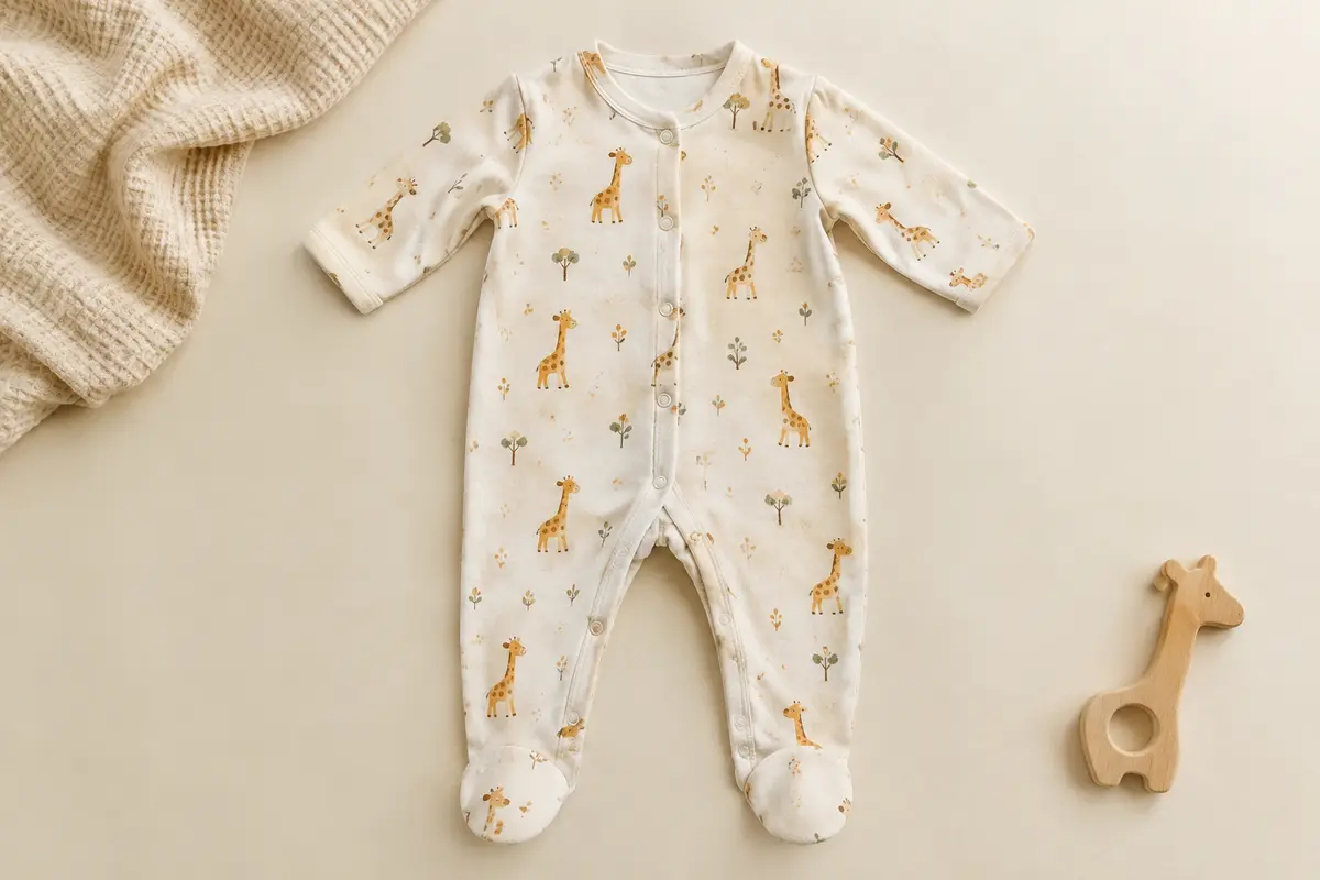 Combinaison de nuit pour bébé à pieds intégrés, manches longues et imprimé animal évoquant la girafe.