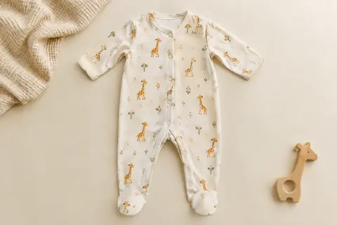 Combinaison de nuit pour bébé à pieds intégrés, manches longues et imprimé animal évoquant la girafe.