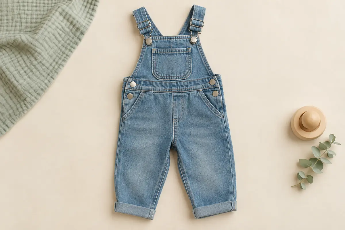 Salopette bébé en denim bleu délavé avec bretelles réglables, poche poitrine et boutons latéraux