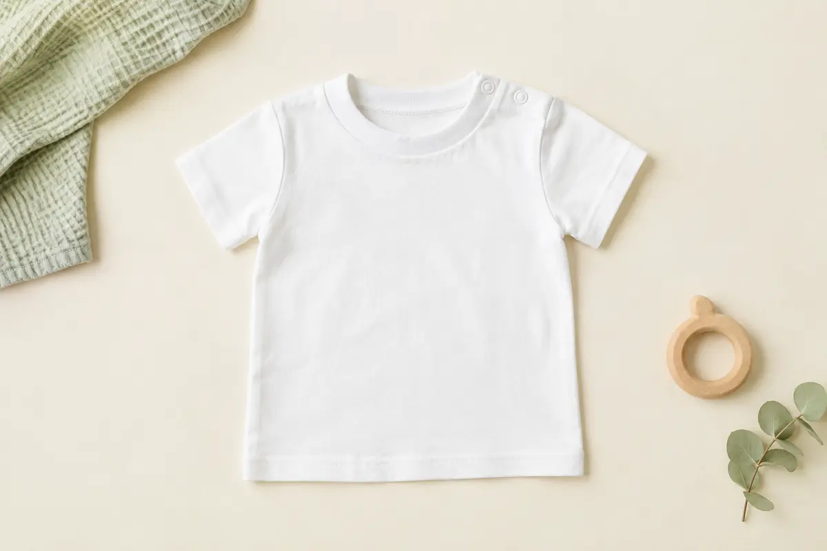 Tee-shirt bébé blanc à manches courtes en coton, posé à plat sur un fond crème avec un tissu gaufré.